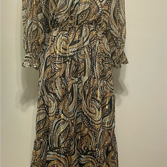 Elan Maxi Med. Dress Tiered Sheer Lined 3/4 Sleeve Metalic Gold Fairy Whimsical - Picture 2 of 14